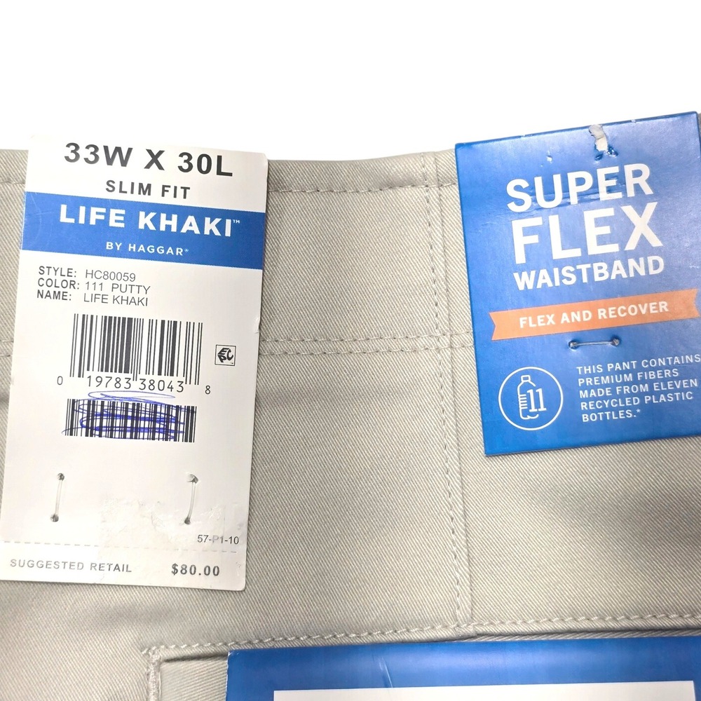 Haggar Life Khaki Pants Mens 33x30 Putty Beige Cotton Slim Fit Stretch Chino NEW - Picture 6 of 9